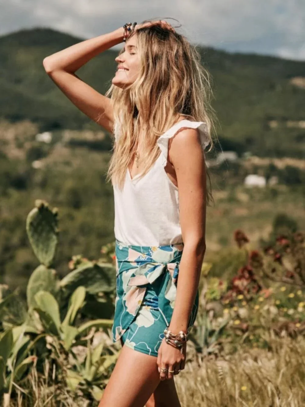 Sézane Pacome Wrap Mini Skirt | Teal Botanical Floral Print | FR 40 / US 8